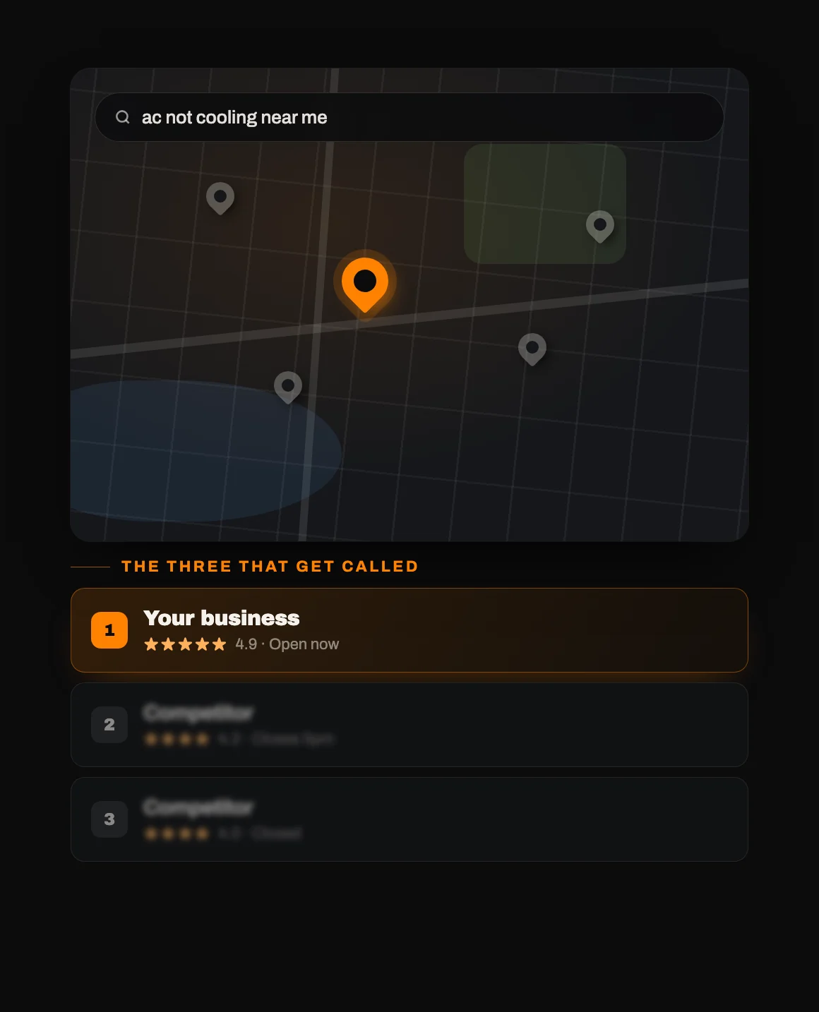 An illustration of the Google local map pack, with the client ranking first of the three shown.