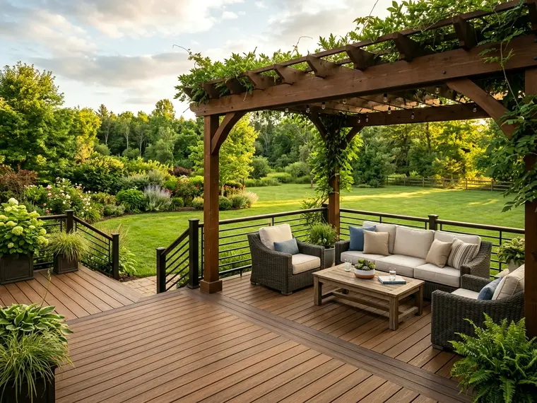 Finished timber deck with railings behind a house