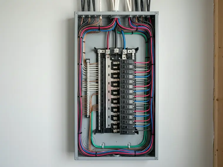Open residential electrical panel with labelled breakers