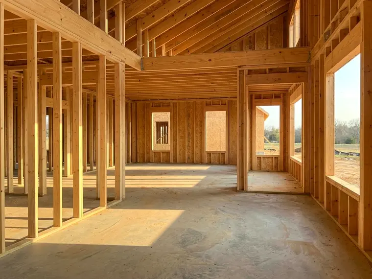 Timber framing of a new house against open sky