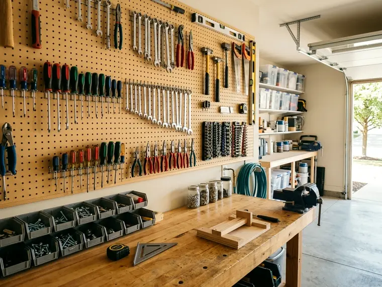 Handyman tools and completed repair work in a home