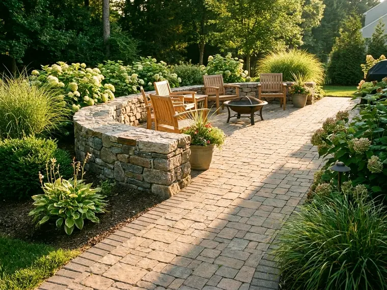 Paver walkway and retaining wall through a planted garden