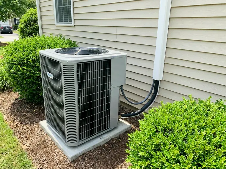 Outdoor air conditioning condenser unit installed beside a house