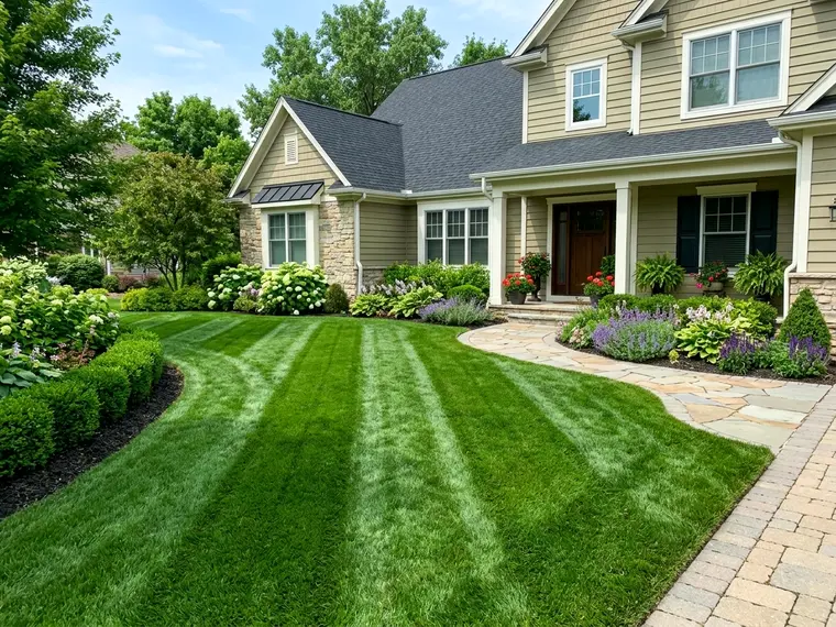 Freshly mown lawn with clean edging along a front yard