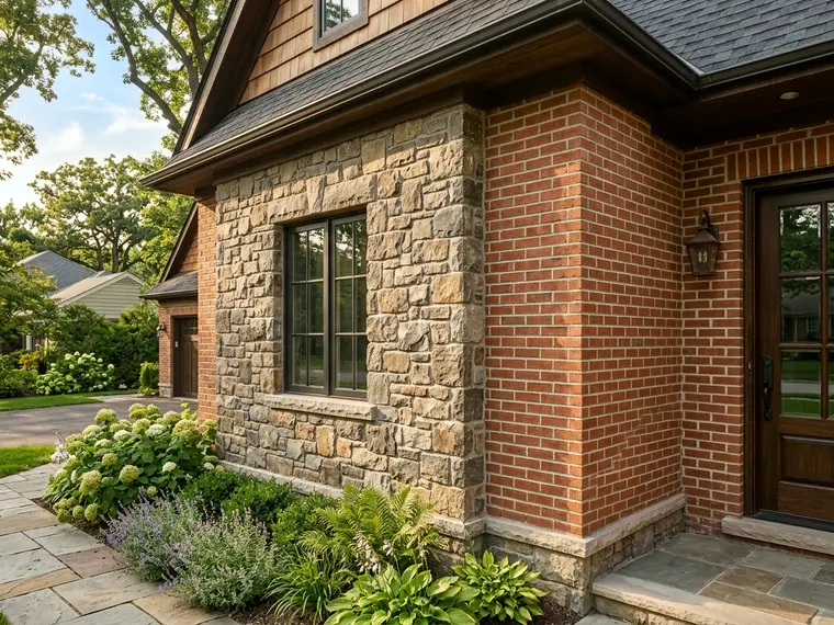 Brick and stone masonry on a house exterior