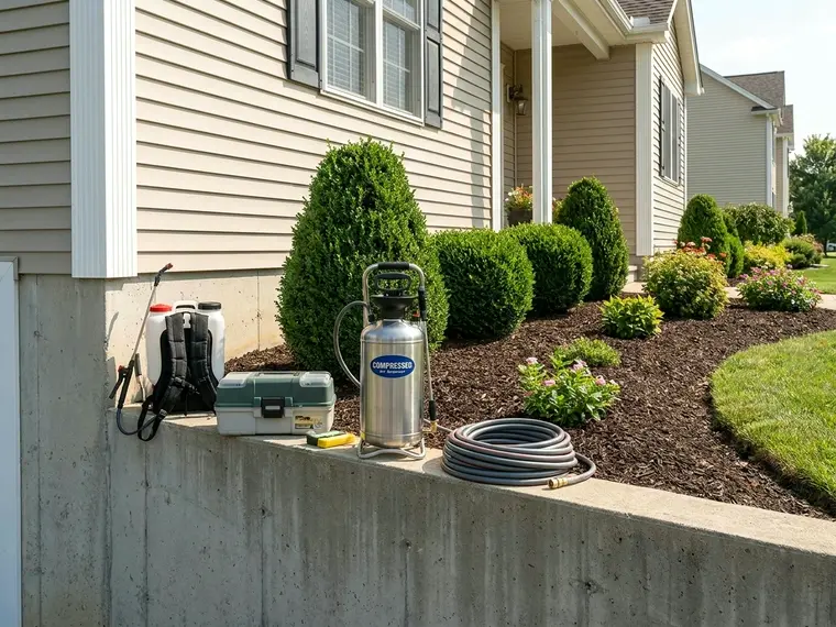 Pest control treatment applied around a home foundation
