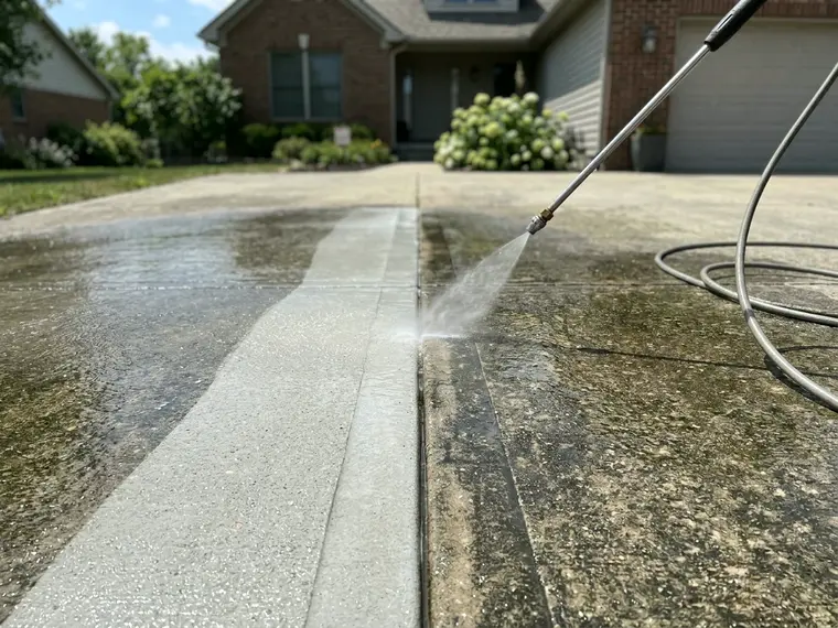 Driveway part way through pressure washing, clean against dirty