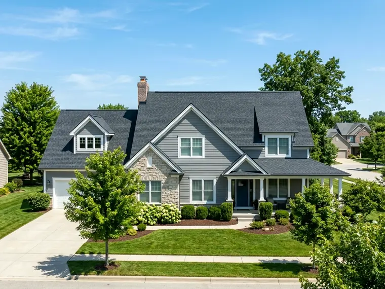Finished asphalt shingle roof on a suburban home