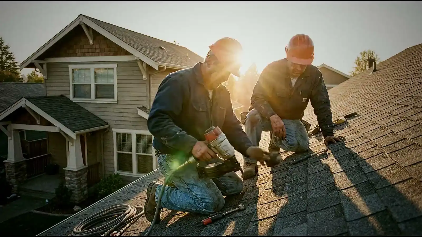 Two contractors finishing a concrete driveway at dusk.